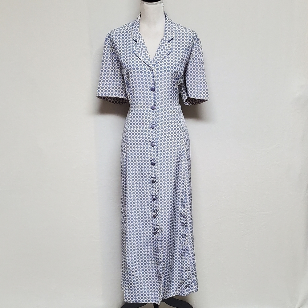 VINTAGE 1980s Leslie Fay Cornflower Blue Green Polka Dot Strappy Back Maxi Dress - Picture 2 of 14